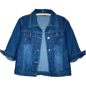 Women's 3/4 Sleeve Colored Cropped Denim Jacket Short Jean Jacket Dark Blue